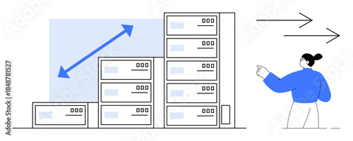Technology expansion, data growth, business scaling, cloud computing, server capacity, IT solutions. Woman gestures at server units and arrows signifying growth. Data growth and business scaling