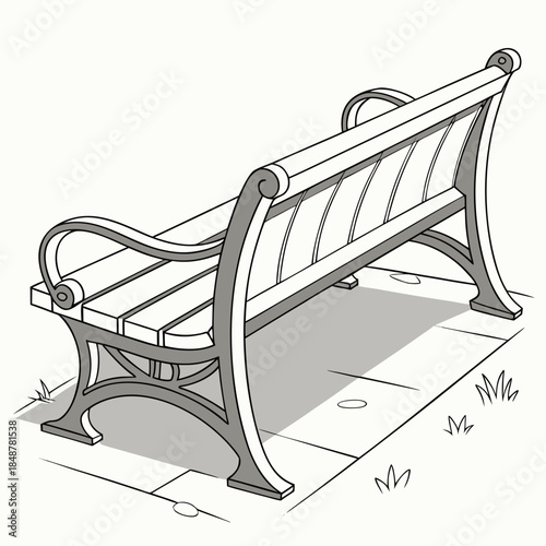 Realistic double seat bench made of wood and metal on sidewalk