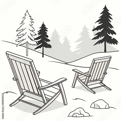 Monochromatic of two wooden chairs facing pine trees on a hill