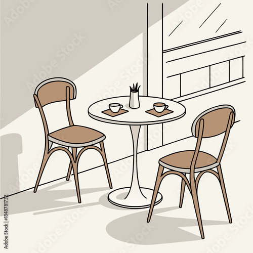 Of mid century wooden chairs and table with coffee cups