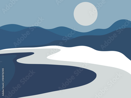 Minimalist River Landscape Under Moonlight