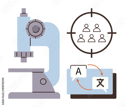Microscope, user target symbol, and language translation icons visualizing study, audience targeting, and global communication. Ideal for education, marketing, research, translation linguistics