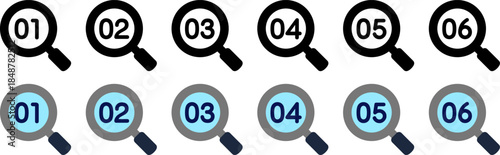 手順や流れを示すステップ番号虫眼鏡ラベルのアイコンセット（Step Number magnifying glass Labels Set, Process and Timeline Icons）
