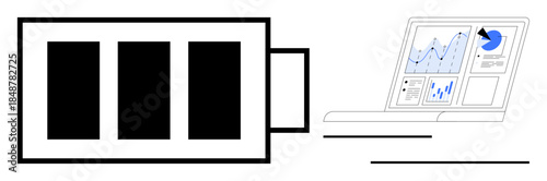 Energy management, tech analytics, renewable energy, productivity, tech solutions, efficiency. Battery icon and laptop screen with graphs. Energy management and tech analytics visualization