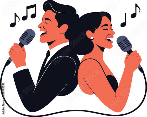 Couple Singing Together Vector Graphic Illustration of Harmonious Duet Performance with Microphones and Music Notes