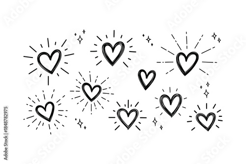 Hand drawn doodle hearts with radiating lines