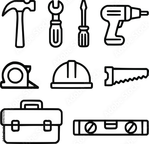 Construction Tools Outline Icon Set  Building Equipment and Trade Symbols