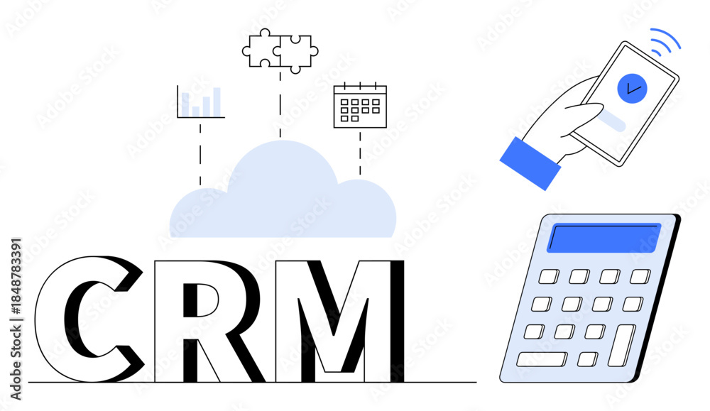 Fototapeta premium Business management, cloud computing, CRM integration, mobile solutions, data analysis, digital business. CRM with cloud, smartphone calculator. Business management and cloud computing concept
