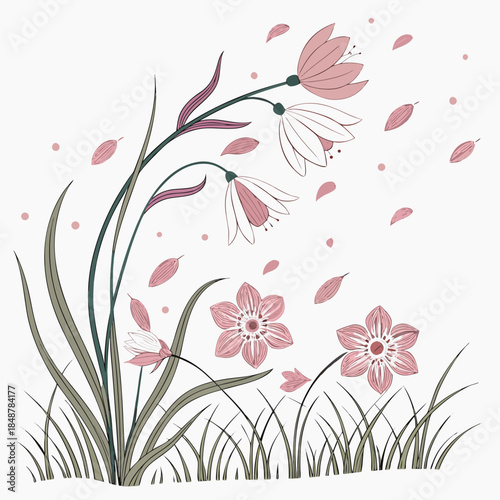 Pink flowers and petals blowing in the breeze with green grass