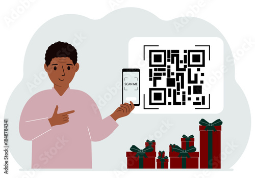 A man holds a mobile phone in his hand with the text scan me and scans the qr code, which is located nearby.