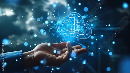 Hands presenting a digital cloud infrastructure hologram over cityscape.