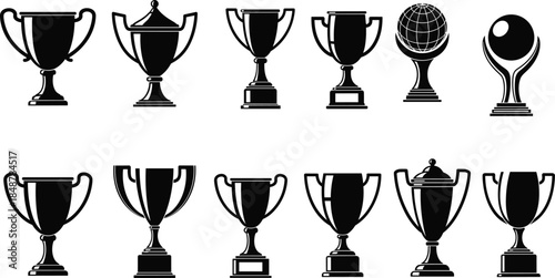 Collection of various trophy cup silhouettes for sports championship victory and achievement awards cad drawing flat vector illustration isolated on white