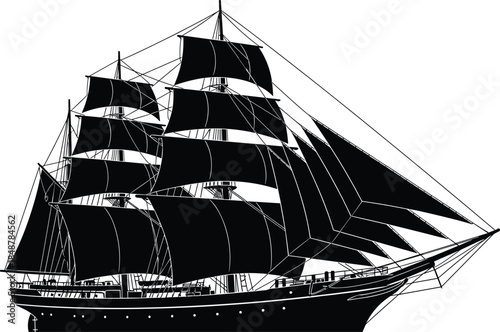 Large vintage sailing ship silhouette, majestic wooden vessel with full sails, classic nautical transport, maritime adventure cad drawing flat vector illustration.