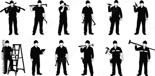 Set of construction worker silhouettes holding tools standing in different poses for industrial architectural visualization cad drawing flat vector illustration