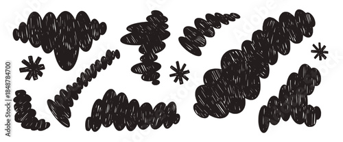 Abstract irregular blob figures hand-painted organic shapes, textured crayon doodles for artistic compositions and fun layouts. Vector design brush freeform set isolated on transparent background.