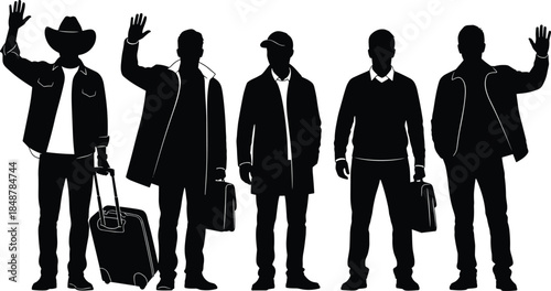 Silhouette collection of diverse men in casual and professional attire waving hands with luggage and briefcases, cad drawing flat vector illustration.