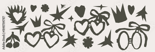 Couple heart shape lockets silhouette paper cutout. Paper collage frame for text with bang callout. Hand drawn sticker with crown, star, bow doodle elements. Vector Valentine illustration no bg.