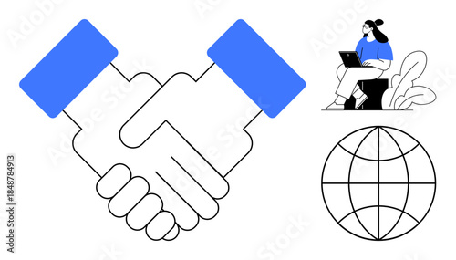 Business collaboration. Handshake partnership, global connectivity, and remote work. Includes digital teamwork, online communication, global opportunities, and partnerships for modern business. Ideal