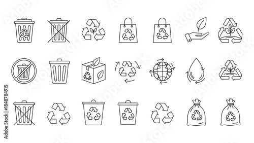 Eco friendly recycling line icon set featuring waste management symbols, sustainable packaging signs, green energy icons and environmental conservation vector collection.