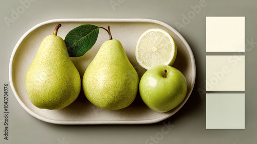White plate with three green fruits and a white apple. The fruits are pears and a lemon. The plate is placed on a table