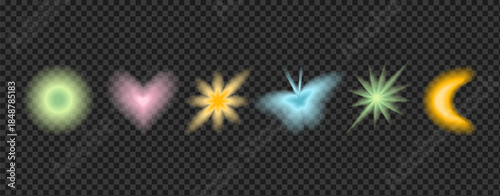 Gradient blur pastel shapes. Aura blurry butterfly, moon. Y2K aesthetic flower, round figures. Gradation geometric elements with mesh transitions, aura shade for modern poster, graphics no background.
