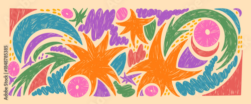 Funky stars, irregular blobs, arrows crayon drawn pattern set. Kindergarten chalk elements doodle isolated on beige background. Kid twinkles elements. Vector illustration by colorful pastel pencil.