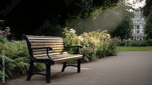 Fototapeta Naklejka Na Ścianę i Meble -  A wooden bench sits in a park with a view of a building. The bench is empty and the flowers in the background are in full bloom. The scene is peaceful and serene
