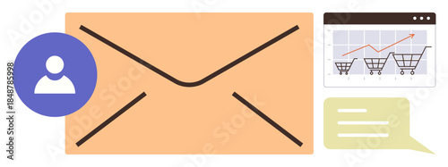 Large envelope, user profile icon, shopping cart graph, and message bubble. Ideal for business, marketing, e-commerce, analytics communication customer engagement and collaboration. Simple flat