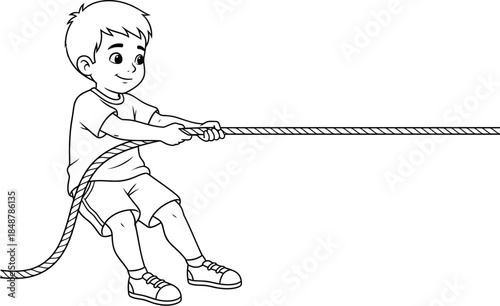 Little boy sitting while playing tug of war with a rope