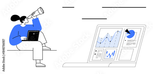 Business strategy, data analytics, forecasting, technology, market research, future planning. Woman with a laptop using a telescope next to a screen showing charts. Data analytics and market research