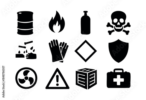 A comprehensive collection of black silhouette vector icons representing industrial safety, hazard warnings, and protective measures on a white background — stock vector.