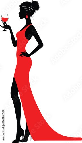Elegant woman in red evening gown holding a glass of wine or champagne at a formal event or party