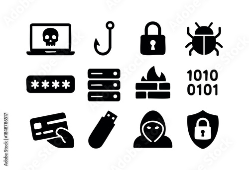 A comprehensive set of black flat vector icons depicting various cybersecurity threats, data protection, and online security concepts — stock vector.