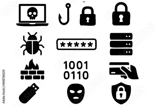 A comprehensive collection of black silhouette icons representing digital security, cyber threats, and online data protection concepts — stock vector.