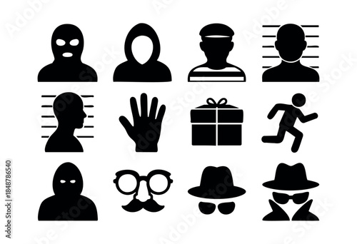 A collection of black silhouette icons depicting criminal figures, suspects, law enforcement elements, and concepts of anonymity or disguise on a white background — stock vector.