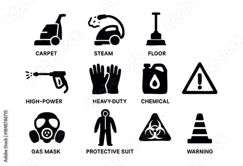 A collection of black silhouette icons representing various cleaning equipment, personal protective gear, and essential warning signs for industrial and hazardous environments — stock vector.