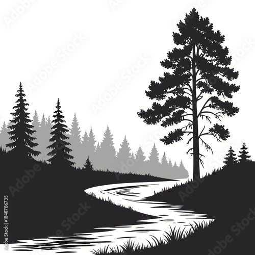 Bild auf Leinwand Title: A serene landscape featuring a winding river surrounded by tall trees and