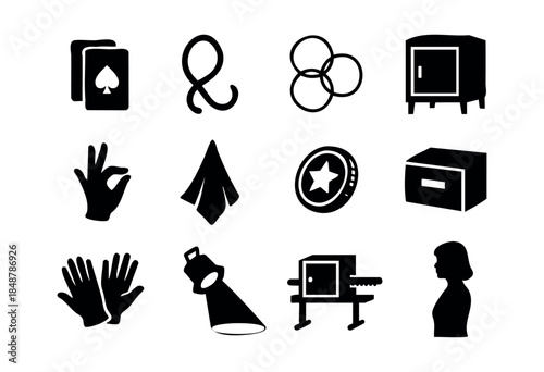 A set of black silhouette icons depicting various elements related to magic shows, theater productions, and glamorous events, ideal for entertainment themes. — stock vector.