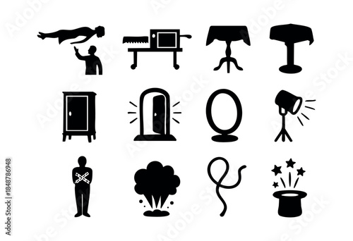 A collection of black silhouette icons depicting various magic show elements and illusion concepts such as levitation, sawing, and escape acts — stock vector.