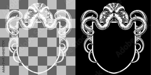 Octopus or Cthulhu monster coat of arms or crest family heraldry medieval heraldic knight shield. In a vintage woodcut style.