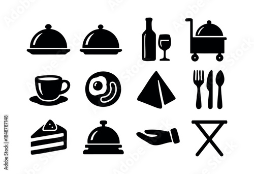 A comprehensive set of black silhouette vector icons representing various elements of food service, hotel hospitality, and dining experiences on a white background — stock vector.