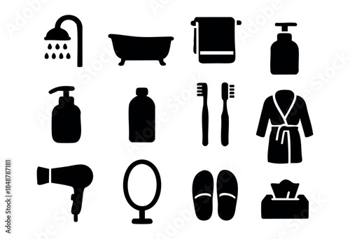 A comprehensive collection of black silhouette icons representing essential bathroom items and personal hygiene products, isolated on a white background — stock vector.