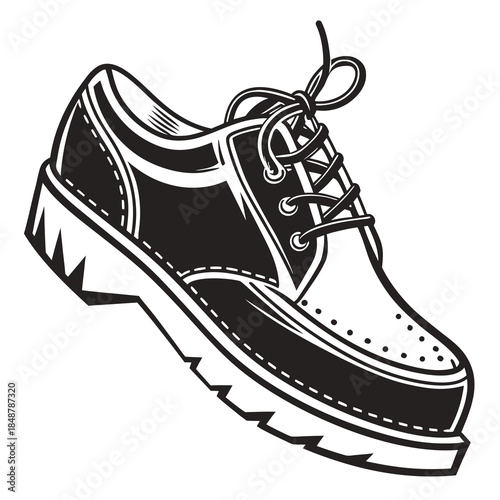 Title: Black and white of a sneaker with laces and detailed stitching on a white background