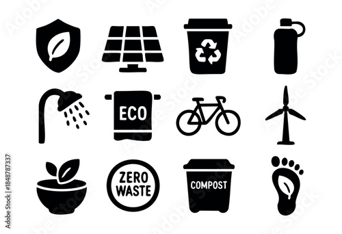 A collection of black glyph icons representing environmental sustainability, green living practices, and renewable energy concepts on a white background — stock vector.