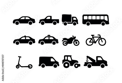 A collection of black silhouette icons representing various transportation vehicles including cars, trucks, buses, and bikes on a white background — stock vector.
