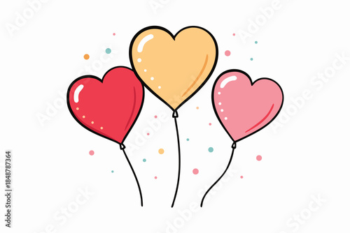 Colorful trio of heart-shaped balloons in red, yellow, and pink rise above a soft background with confetti. Ideal for romantic, festive, and family celebrations, love, and togetherness themes.