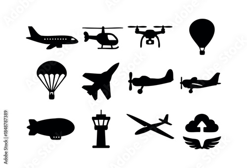 A comprehensive collection of black silhouette icons representing various airborne vehicles, aircraft, and aviation-related elements on a white background — stock vector.