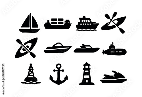 A comprehensive collection of black silhouette icons depicting various water vessels and marine navigation elements on a white background — stock vector.
