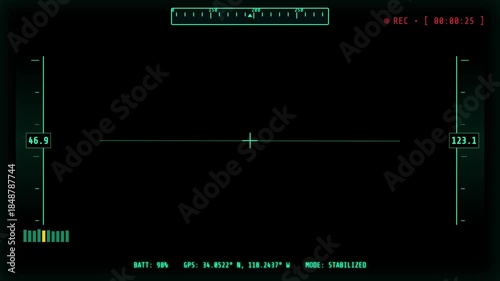 Digital Drone Camera Viewfinder HUD Overlay, Military Tactical Interface Element. Green GPS Telemetry Data Animation. Pilot Cockpit Screen Mode