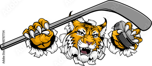 A wildcat or bobcat ice hockey team cartoon animal sports mascot